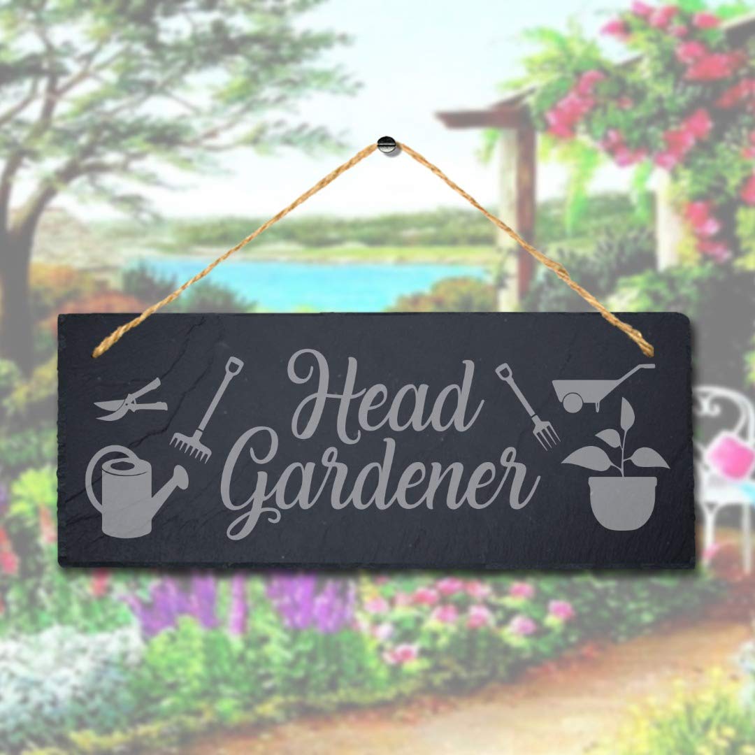 Stukk Natural Engraved Slate Stone Plaque Head Laser Hanging Flower Garden Home Decor Sign, 30X12cm