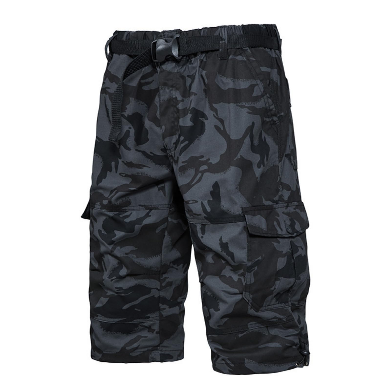 PADOLA Short Homme Cargo Coton Bermuda avec 7 Poches été Taille Elastique Camouflage Pantacourt à Jambes Larges avec Cordon de Serrage Baggy 3/4 Pantalon avec Ceinture Réglable