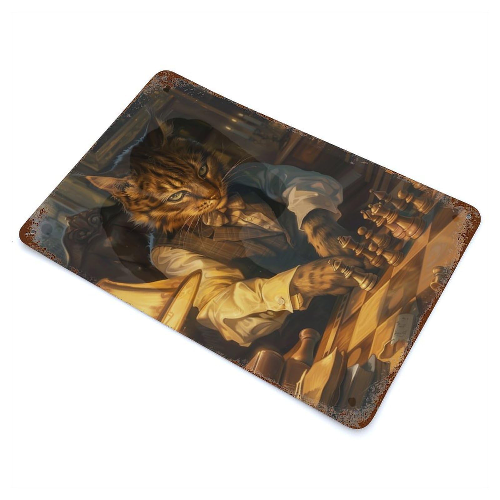 Funny Cat Playing Chess 11.8"x7.9" Aged Metal Wall Plaque, Retro Wall Decor for Farmhouse, Kitchen And Entryway Decor