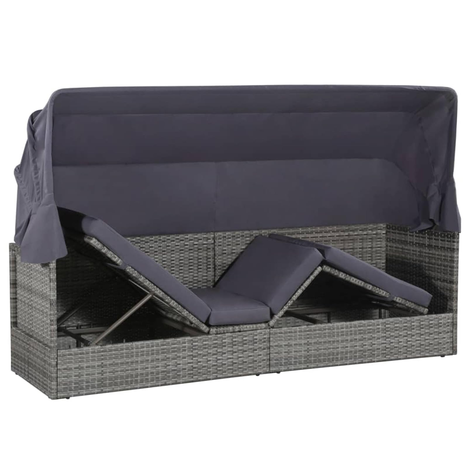 Homgoday Letto da giardino con baldacchino grigio 205 x 62 cm in resina intrecciata, lettino da giardino con schienale regolabile, letto da campeggio per spiaggia, esterno, balcone, terrazza