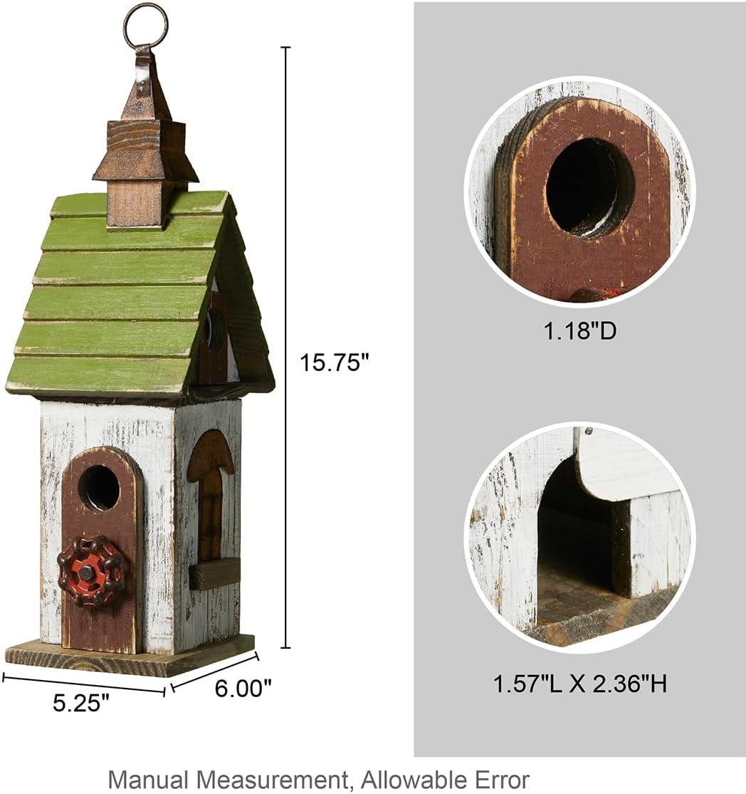 Glitzhome Bird Houses for Outside, Bluebird Houses for Outdoors,15.75"H Solid Wood Birdhouse Distressed Cottage Decorative Hanging Outdoor Garden Bird House for Wren Sparrow Hummingbird Finch Cardinal