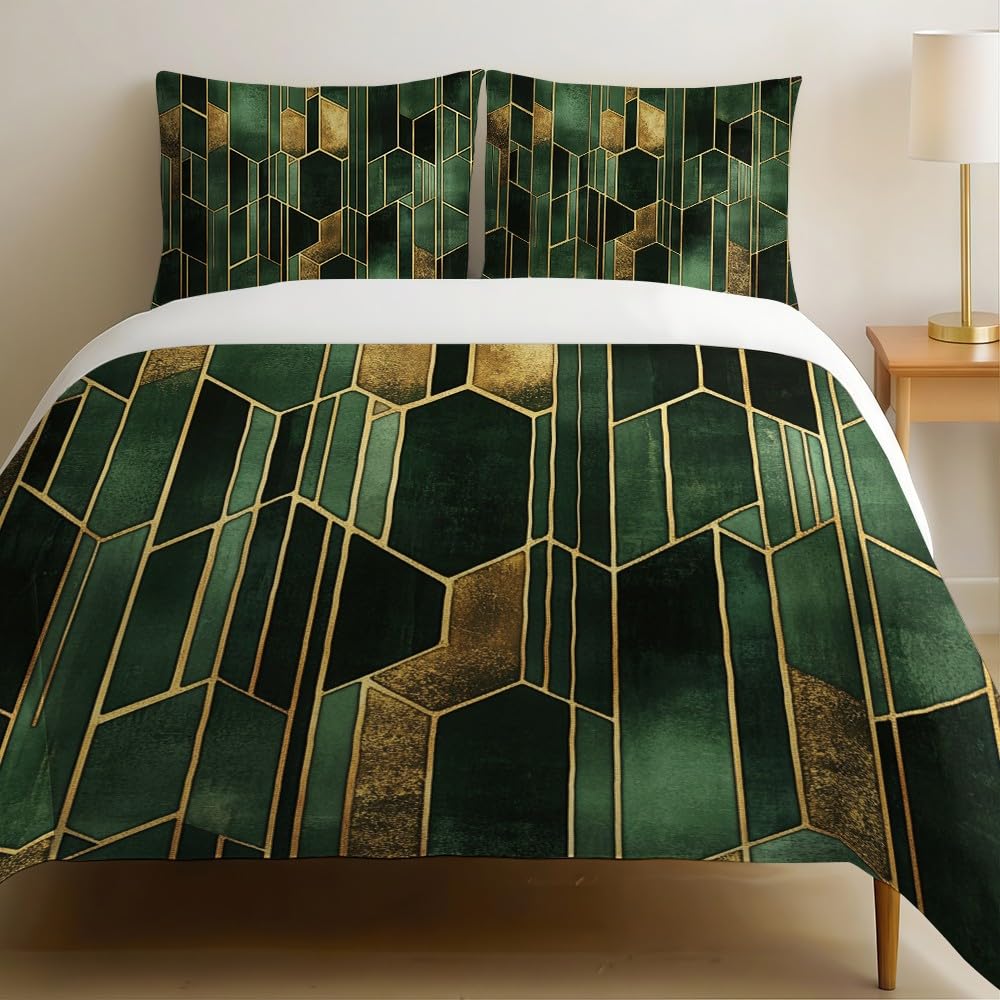 Housse de couette 240x260 vert géométrique avec 2 taies d'oreiller