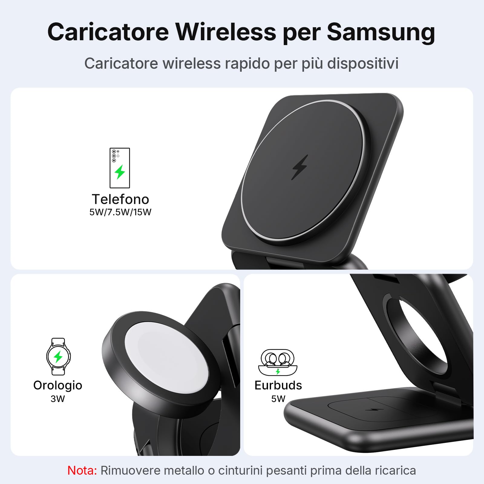 KU XIU 3 in 1 Magnetico Caricatore Wireless per Samsung | Pieghevole Stazione di Ricarica per Samsung S26 S25 Ultra Caricabatterie Wireless per Galaxy Watch Ultra 7 6 5 4 Galaxy Buds