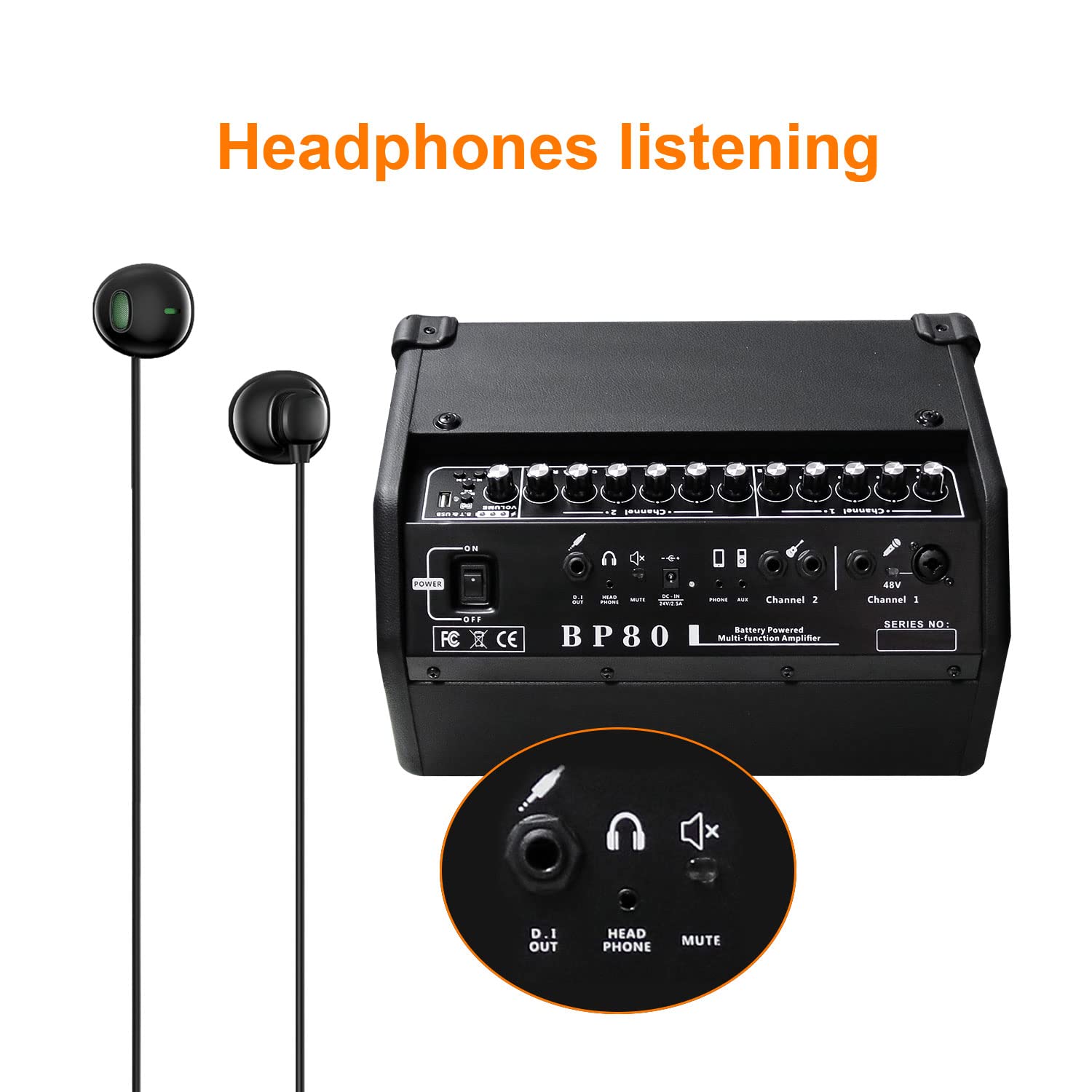 Coolmusic BP80 Battery Powered Acoustic Guitar Amplifier- Portable Bluetooth Speaker 100W, 6 Inputs,3 Band EQ,Black(3-Year Warranty)