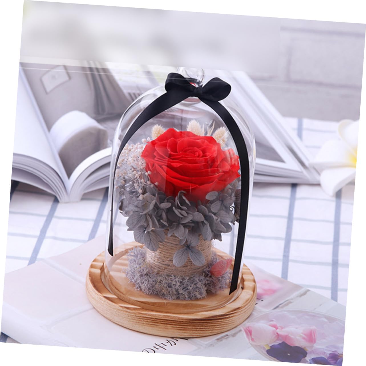 Cabilock Eternal Love Glass Cover Preserved Dome Flower Present for Girlfriend Wife Romantic Decor for Home