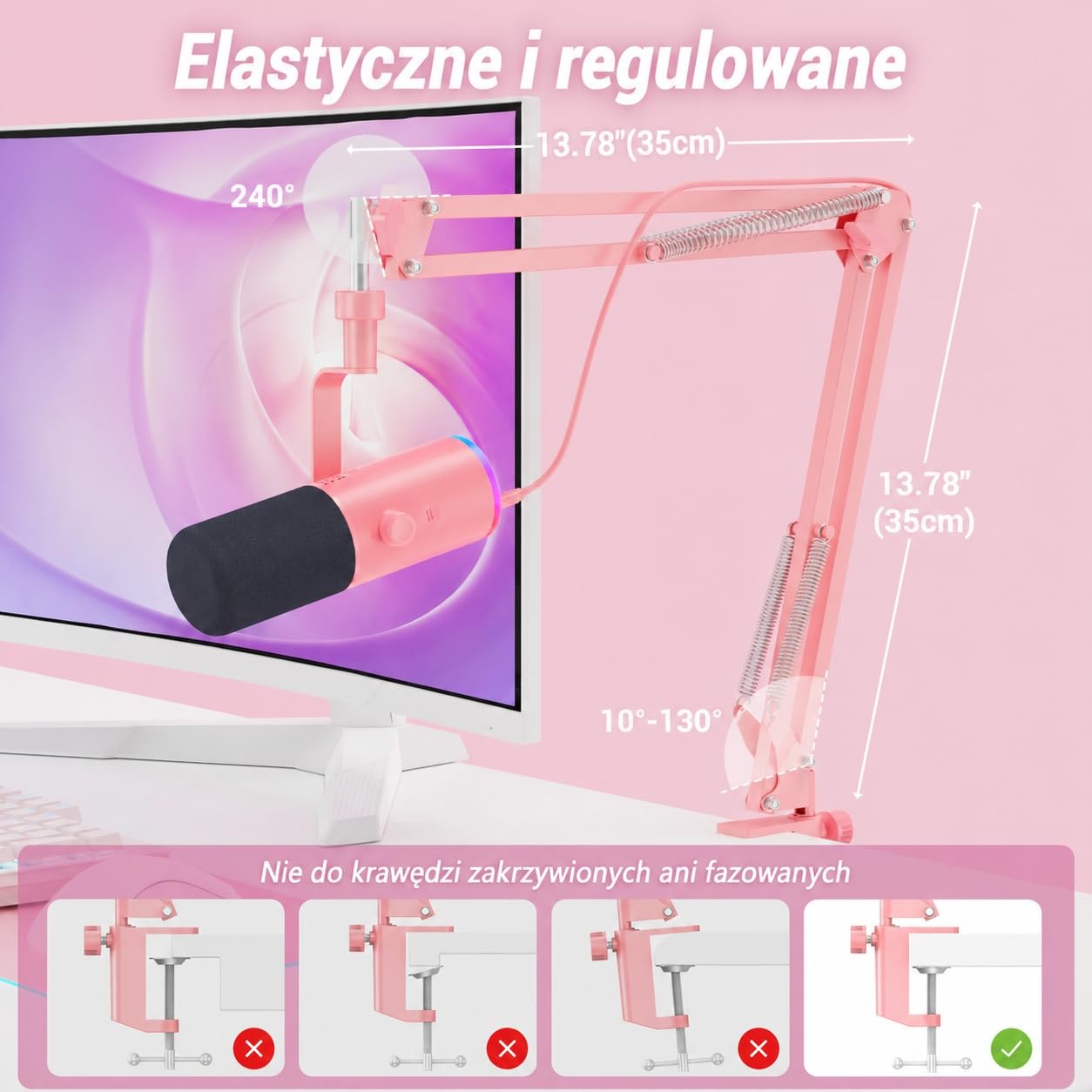 TONOR Dynamiczny mikrofon do gier, mikrofon XLR/USB do strumieniowego przesyłania, redukcja szumów AI, sterowany RGB, wyciszenie, gniazdo słuchawkowe 3,5 mm, mikrofon z ramieniem szubienicowym, różowy