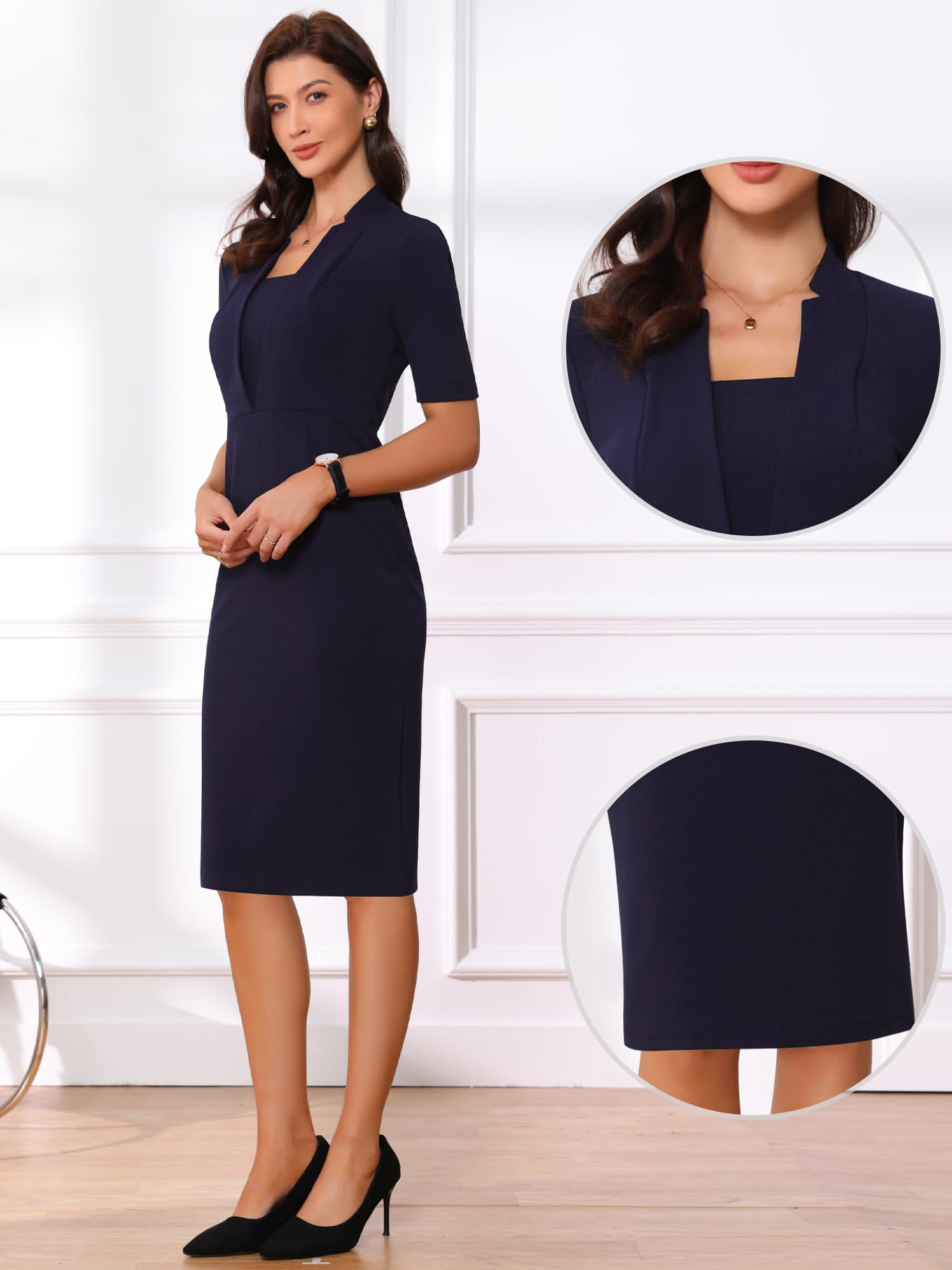Allegra K Vestido De Tubo para Mujer con Cuello En V, Manga Corta, Trabajo Y Oficina,Vestidos Midi Bodycon