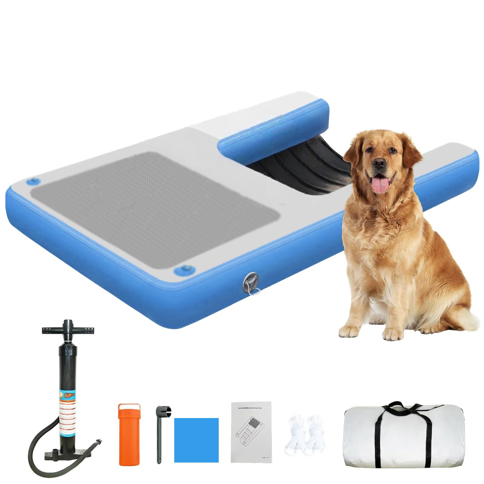Rampe d'eau gonflable pour chien jusqu'à 60 kg avec plateforme EVA et acier inoxydable pour piscine