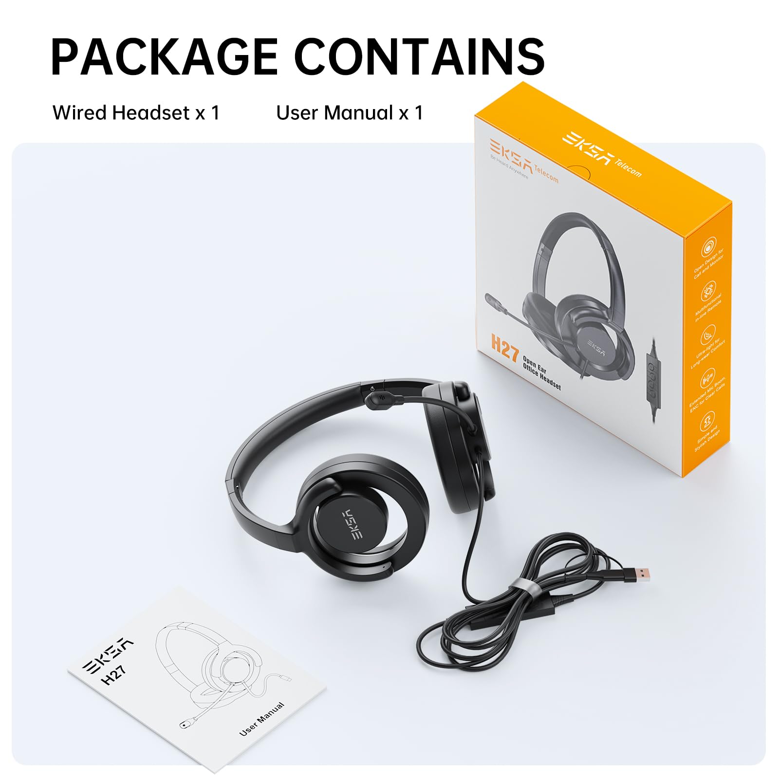 EKSA H27 Cuffie PC con Microfono, Cuffie con Filo USB-A/C, Cuffie con Pulsante di Muto, Controllo del Volume, Open-ear Wired Headset Ideali per Ufficio,Call Center Skype, Zoom