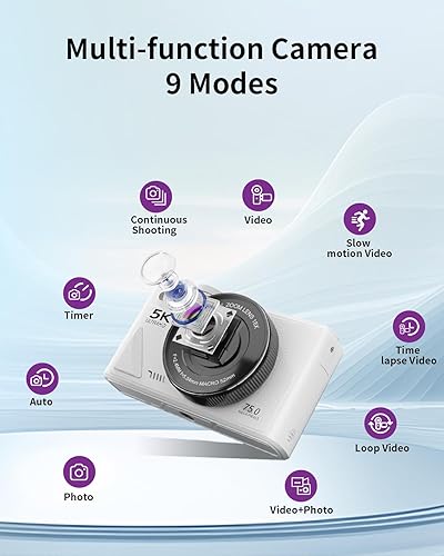 Miniatura 6 de Cámara digital 5K para fotografía con WiFi, cámara de vlogging Ultra HD de 75MP para YouTube con pantalla abatible de 180° de 3 pulgadas, cámaras