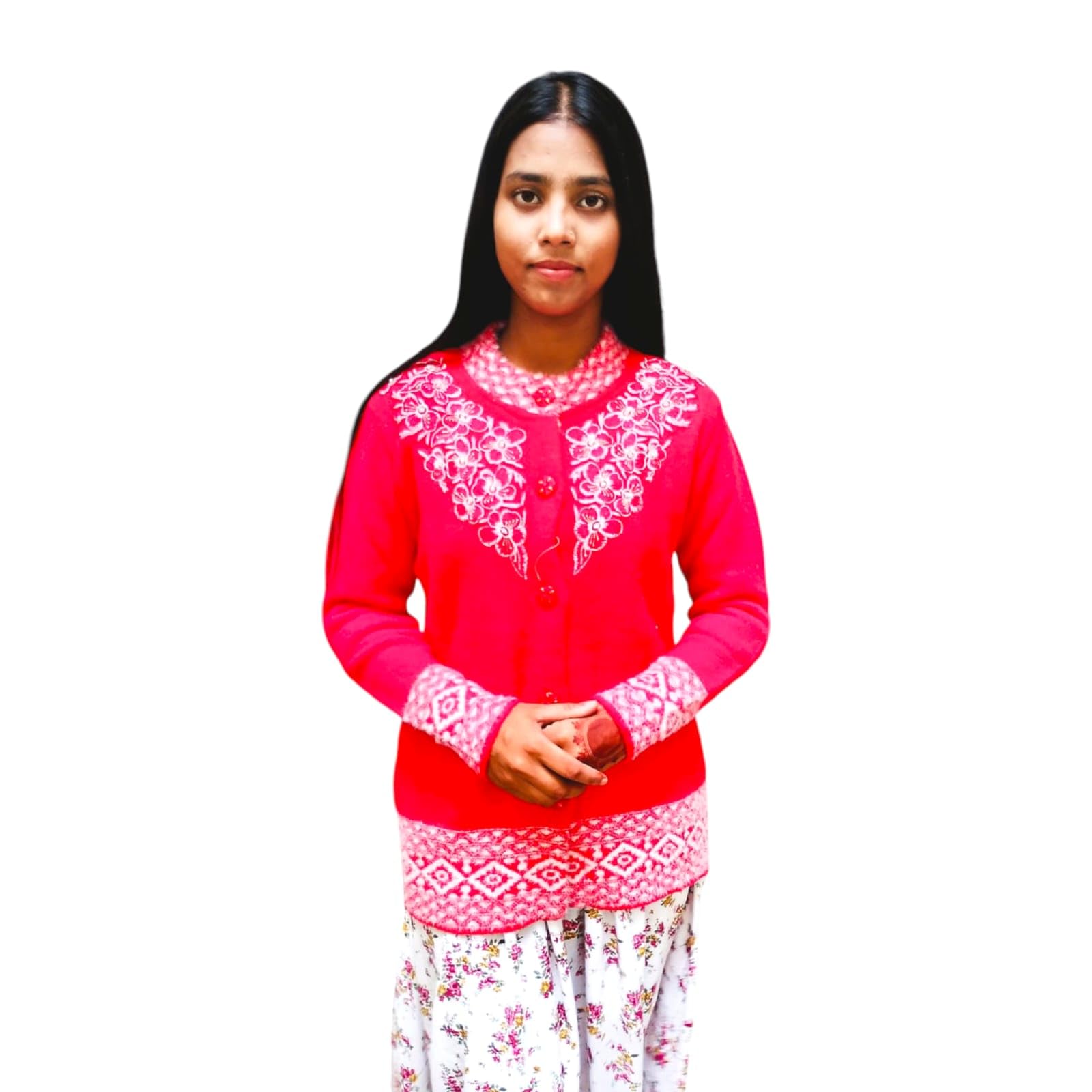 Radha Women's Floral Embroidered Cardigan, Red and White Pattern, Long Sleeve-image-10