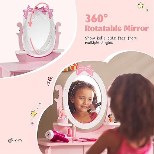 Miniatura 32 de HONEY JOY Vanity - Tocador de madera 3 en 1 de maquillaje de princesa con taburete, espejo de doble cara y pizarra blanca con 4 rotuladores, cajón,
