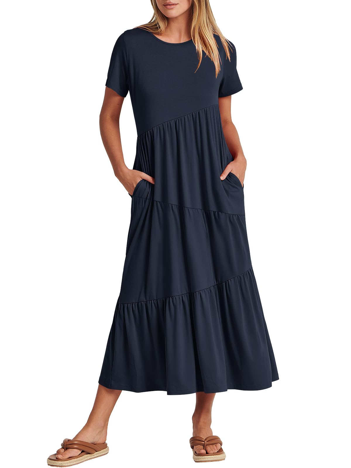 ANRABESSWomen Summer Maxi Dress Short Sleeve Swing Casual Asymmetric Tiered Vacation Long Beach Sundress Outfits