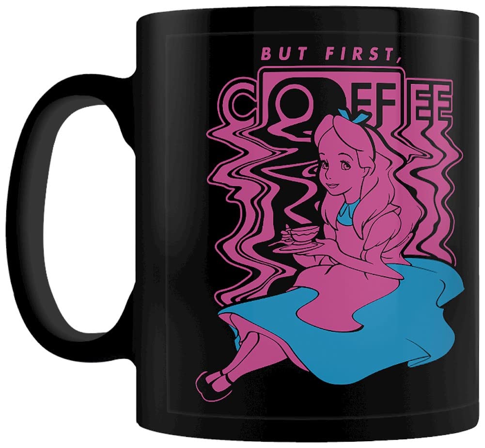 Pyramid International Disney Alice in Wonderland Mug in Presentation Gift Box (But First, Coffee Design) 11oz Ceramic Black Mug - Official Merchandise, Black,blue