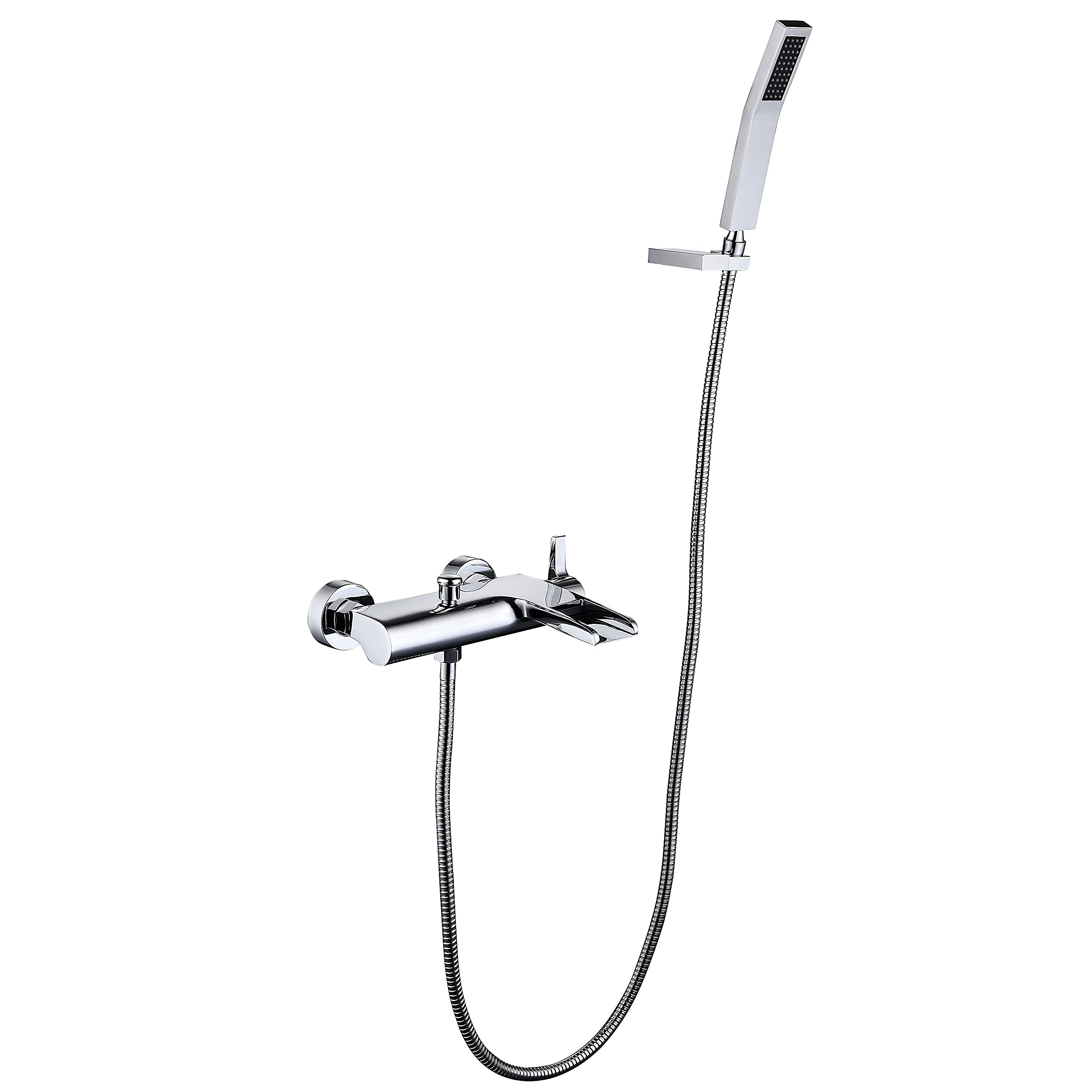 CWCQGH Bathtub Taps with Shower Mixer, Wall Mounted Waterfall Single Handle Bathtub Faucet with Handheld Shower, Chrome Brass Bathroom Hot and Cold Tub Taps with 1.5m Shower Hos,A