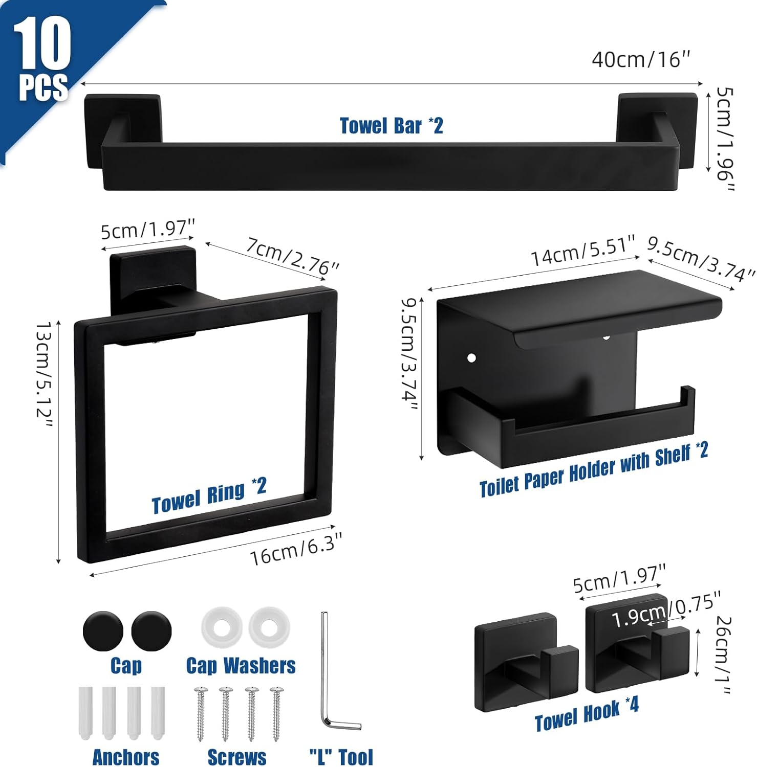 Matte Black Bathroom Hardware Accessories Set, Stainless Steel Towel Racks for Bathroom, 16 Inch Towel Bar, Towel Holders, Updated Toilet Paper Holder with Shelf Wall Mounted(10-Pieces)