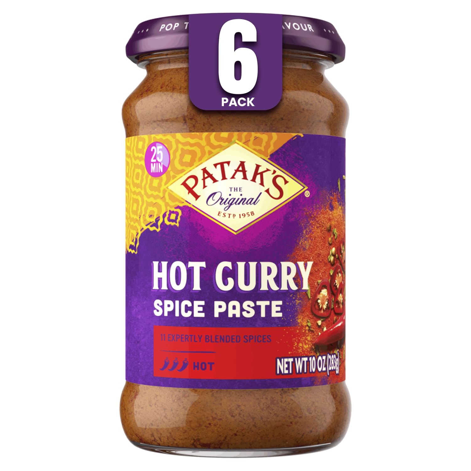 Patak's Hot Curry Spice Paste, Indian Cooking with Freshly Ground Spices, Ideal for Chicken, Vegetables & One-Pot Meals, Base, 10 oz Jar, 6-Pack