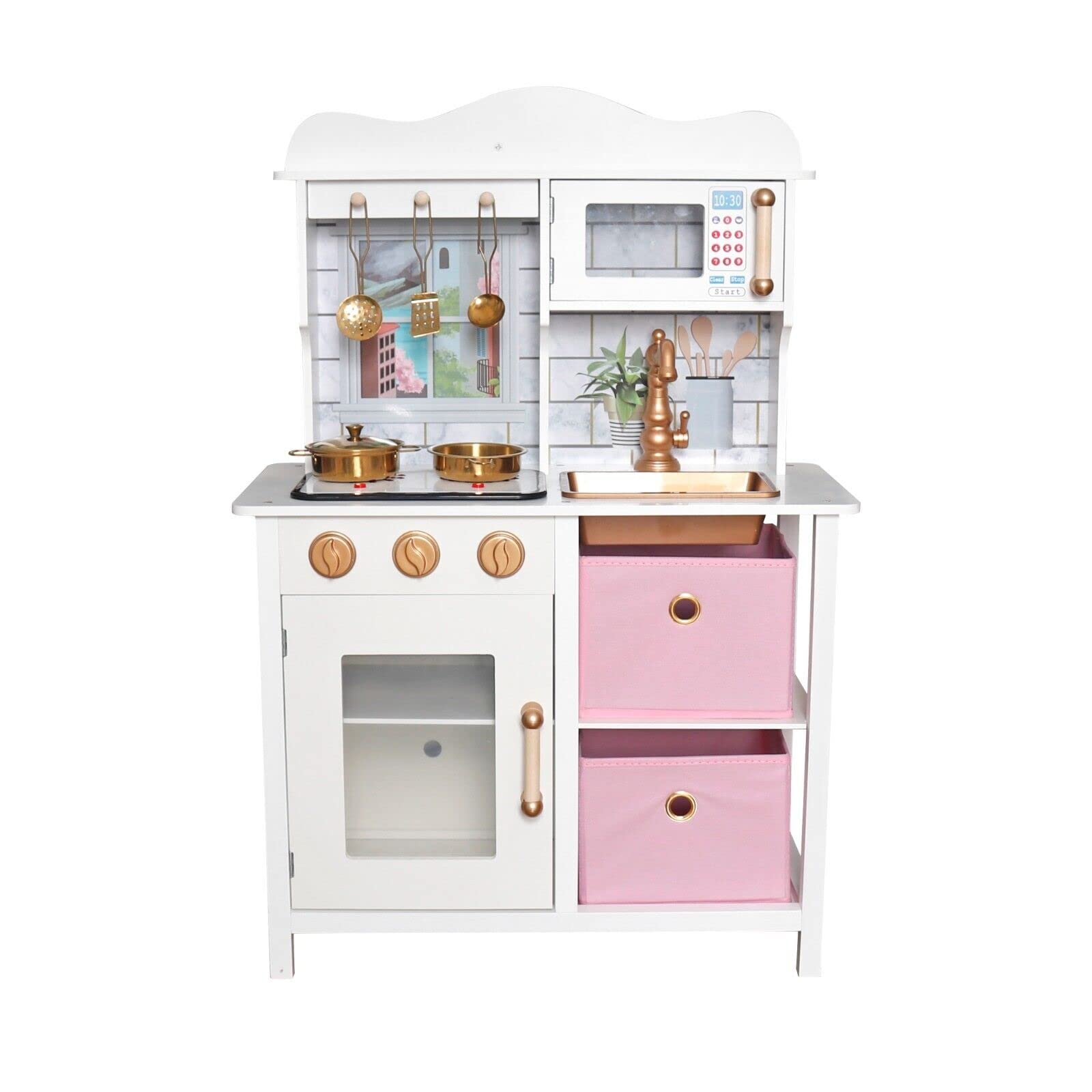 Kids Wooden Toy Kitchen Playset, Children's Pretend Play Chef Kitchen Toy Set Complete With Accessories, Ideal Birthday, (Gold Edition)