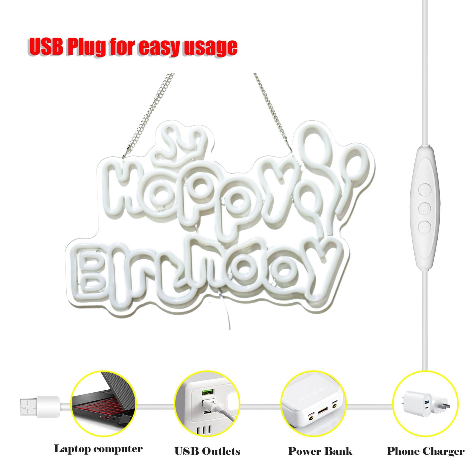 Neonowe znaki Happy Birthday, zasilane przez USB, ściemniane kolorowe światła LED na tło, dekoracja ścienna, przyciągający wzrok znak urodzinowy na imprezy, niezapomniane prezenty, wymiary