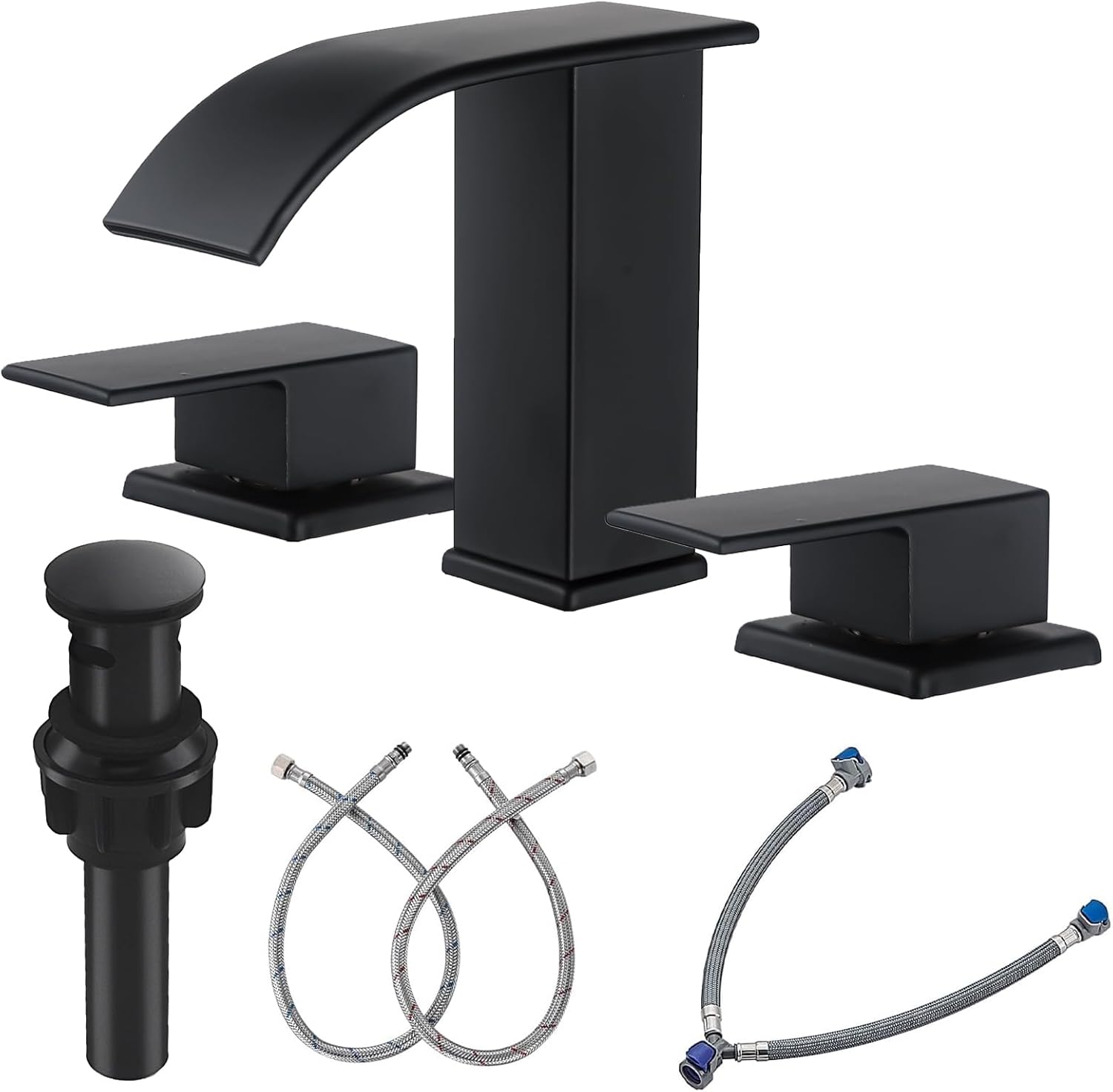 Bathroom Faucet 3 Hole, Matte Black Waterfall Bathroom Faucets, 8 Inch Widespread Modern Bathroom Sink Faucet & Parts, Wide Spread Touch On Three Hole 2 Handle Bath Vanity Faucet Mixer
