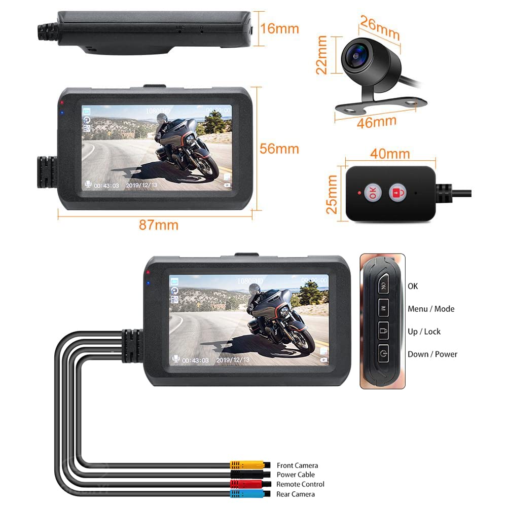 Kamera samochodowa, Wideorejestrator motocyklowy kamera na deskę rozdzielczą 1080P Full HD widok z przodu tyłu wodoodporny rejestrator jazdy motocyklem Logger Recorder Box(TF Card 32GB)