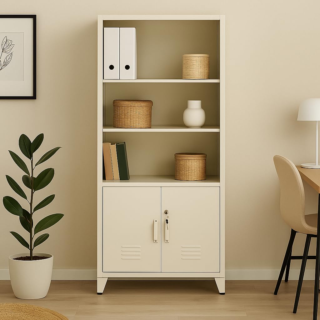 WeHome - Armadio Da Ufficio In Metallo 85x45x190 Cm Con Serratura, Mobile Ufficio Metallo Con 2 Ante E Mensole, Libreria Metallica Archivio Con 5 Ripiani Regolabili Per Ufficio O Archivio (Avorio)