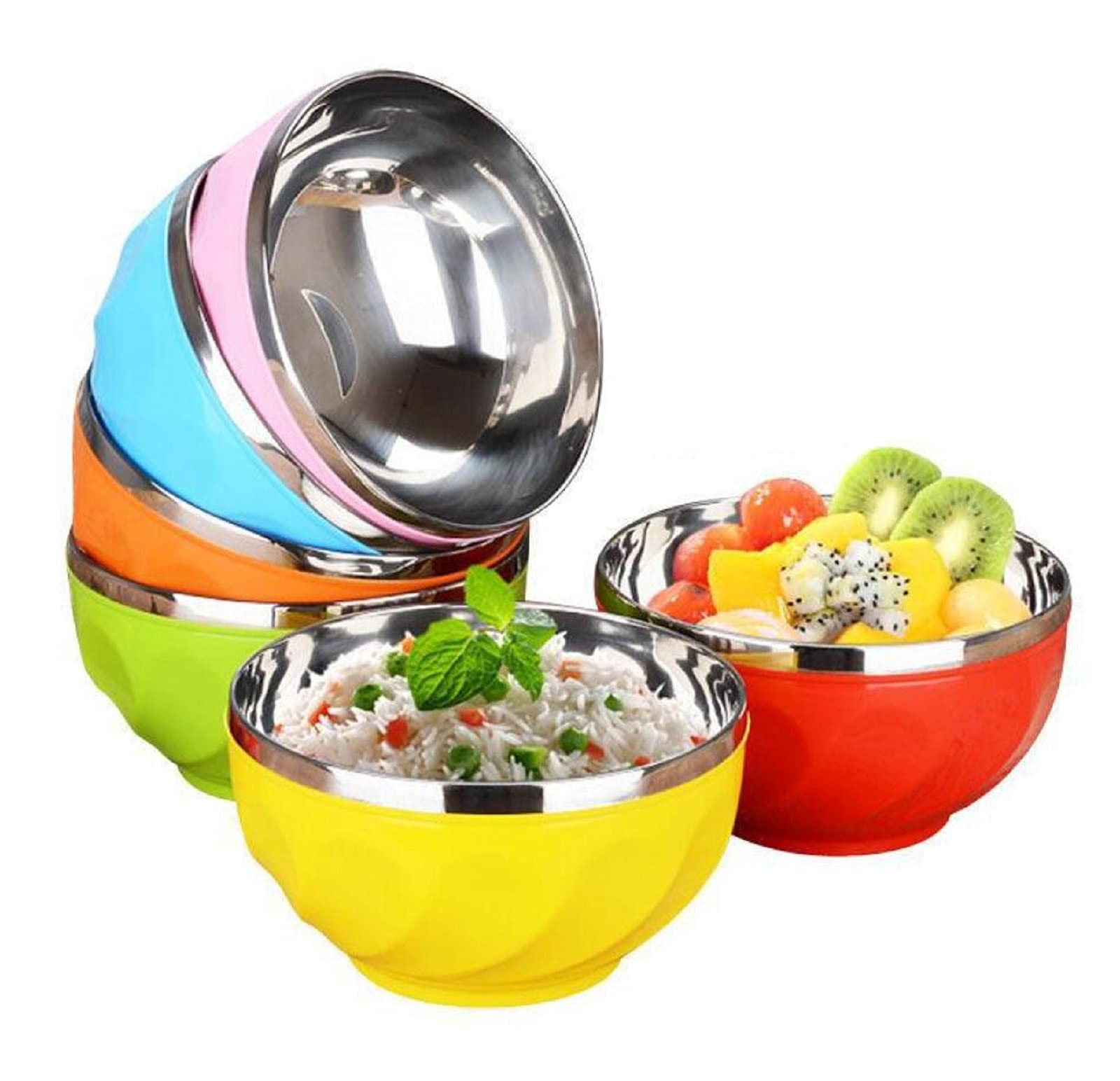 JUNYFFF Stainless Steel Mixing Bowls Double Layer Bowl Anti-Scald Heat Insulation Bowl Serving Bowls Sauce Spice Salad Dessert Bowls Lightweight Rice Bowl Soup Bowl for Adults Kids 15Cm 6PCS