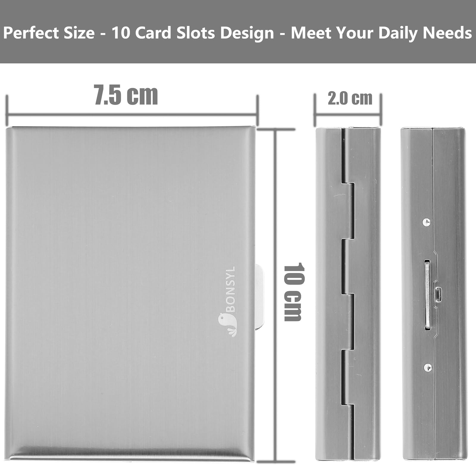 Portfel Etui na Karty Kredytowe z 10 Przegródkami, Minimalistyczny Smukły Metalowy Ochraniacz na Karty Zbliżeniowe RFID dla Mężczyzn i Kobiet. (10 Kart-Srebro)