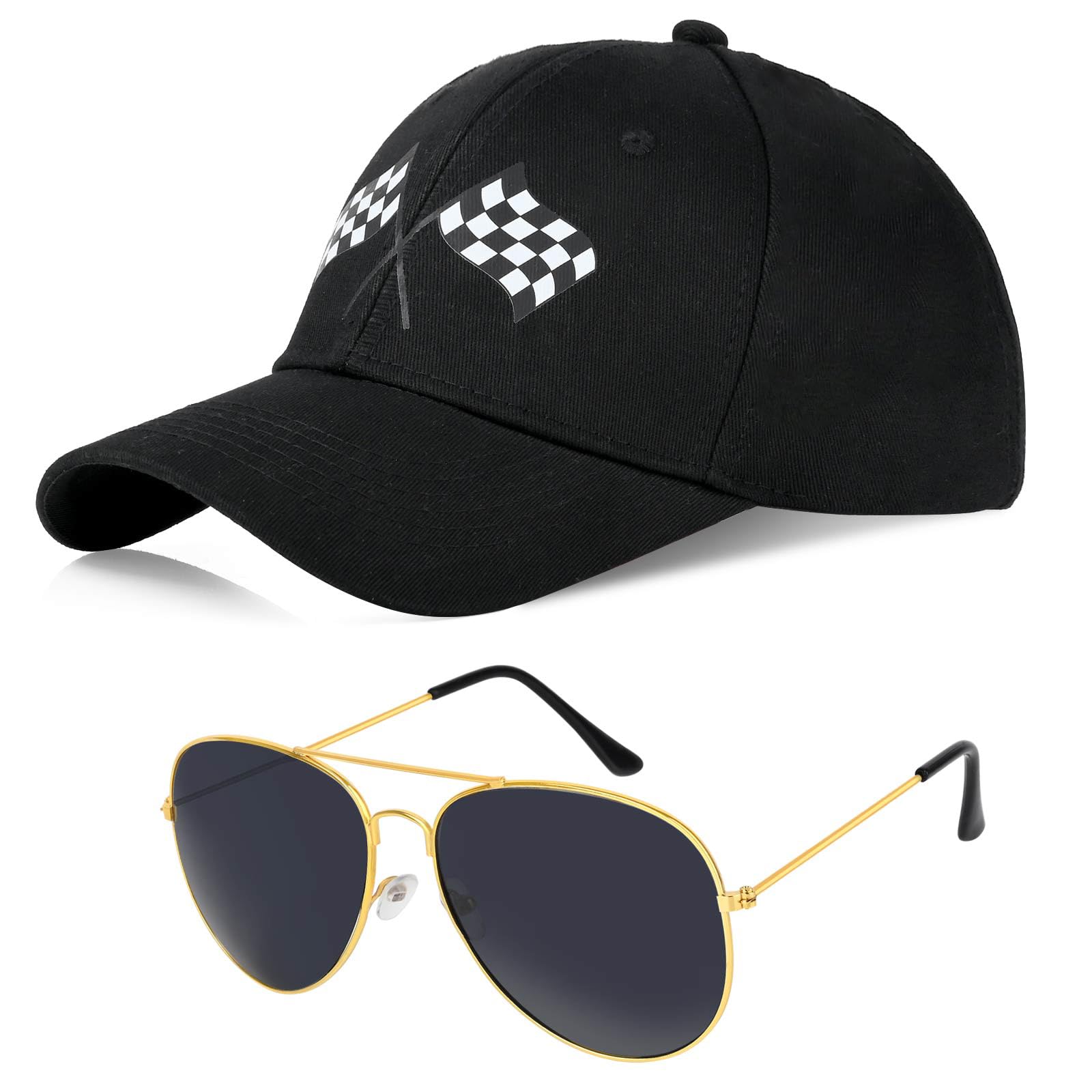 Baseball Cap and Sunglasses Checkered Flags Racing Hat for Men Women Halloween Race Car Driver Costume