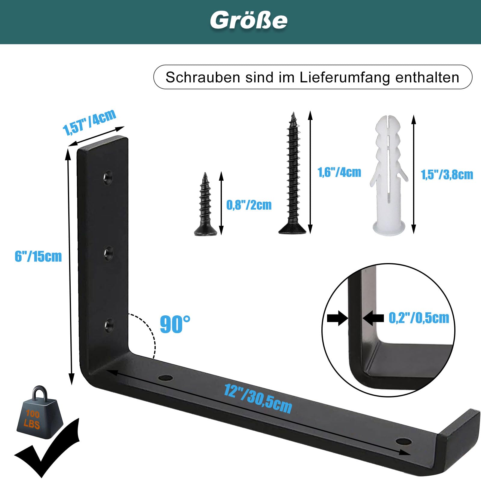 MLOQI 6 stück Regalhalterung, Shelf Brackets, Regalwinkel Schwerlast, Schwerlastwinkel Wandhalterung Winkel Regal, 0,5 cm Dick Regalträger, Tragkraft 50 KG (Schwarz 30 x 15 cm)