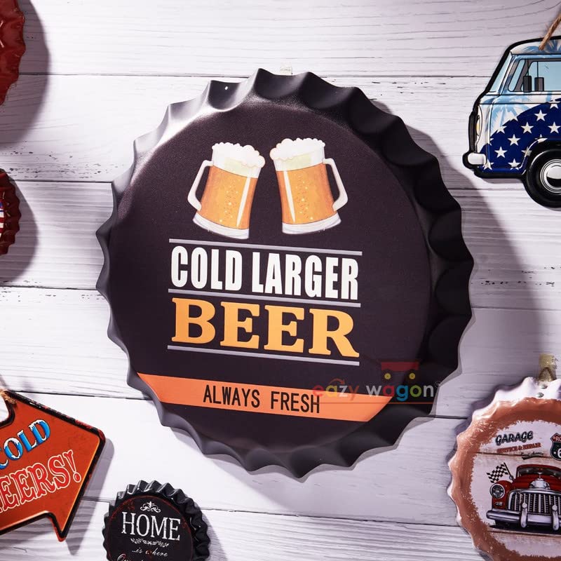 Image of EAZYWAGON Decorative Metal Bottle Caps Wall Sign Plates - 14X14 Inches - Cold Large Beer | Metal Wall Hanging Bottle Cap for Home, Farmhouse, Bar & Cafe Decoration | Vintage & Retro Look Plaques