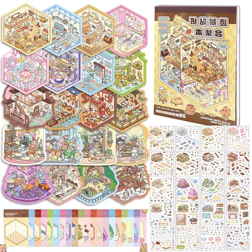 Afufu Pegatinas Infantiles Adultos 3D Sticker Scene, 20Pcs DIY 3D Casa Libro Pegatinas Reutilizables, Niños Libro de Escenas en Miniatura, Creativo Alivio del Estrés Relajación Diversión Artesanal