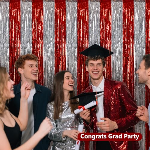 Image of BEISHIDA Red Silver Door Streamers Backdrop Foil Fringe Tinsel Party Streamers Curtains Photo Backdrop - 2Pcs for Valentine's Day Birthday Graduation Christmas Party Decoations
