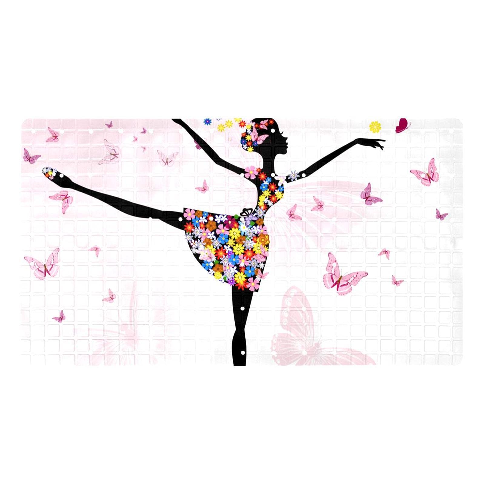 Badematte für Badewanne, Motiv: Ballettblume, Mädchen mit rosa Schmetterlingen, rutschfest, rechteckig, Duschmatte mit Saugnäpfen, maschinenwaschbar, 40 x 70 cm