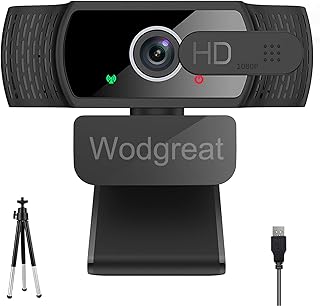 1080P Full HD Webcam, Wodgreat USB Web Camera Plug & Play with Microphone, Clamp-on Webcam for Desktop Computer with Tripod, Autofocus Noise Cancellation, for Online Class Conference & Live Streaming