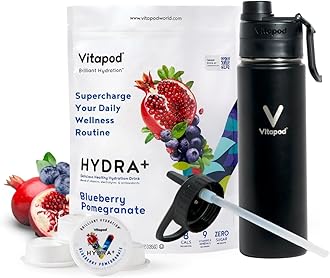 Vitapod Hydra+ Blue Pomegranate Flavored Water Enhancer Pods Starter Bundle, Water Flavoring, Sugar Free, Vitamin C, Vitamin D, Zinc, 30 Pods, 22 oz Stainless Steel Water Bottle, Black