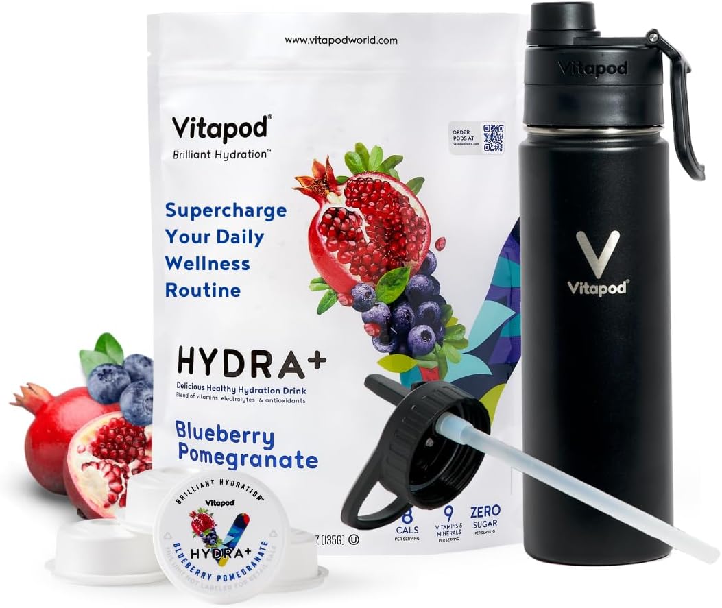 Vitapod Hydra+ Blue Pomegranate Flavored Water Enhancer Pods Starter Bundle, Water Flavoring, Sugar Free, Vitamin C, Vitamin D, Zinc, 30 Pods, 22 oz Stainless Steel Water Bottle, Black