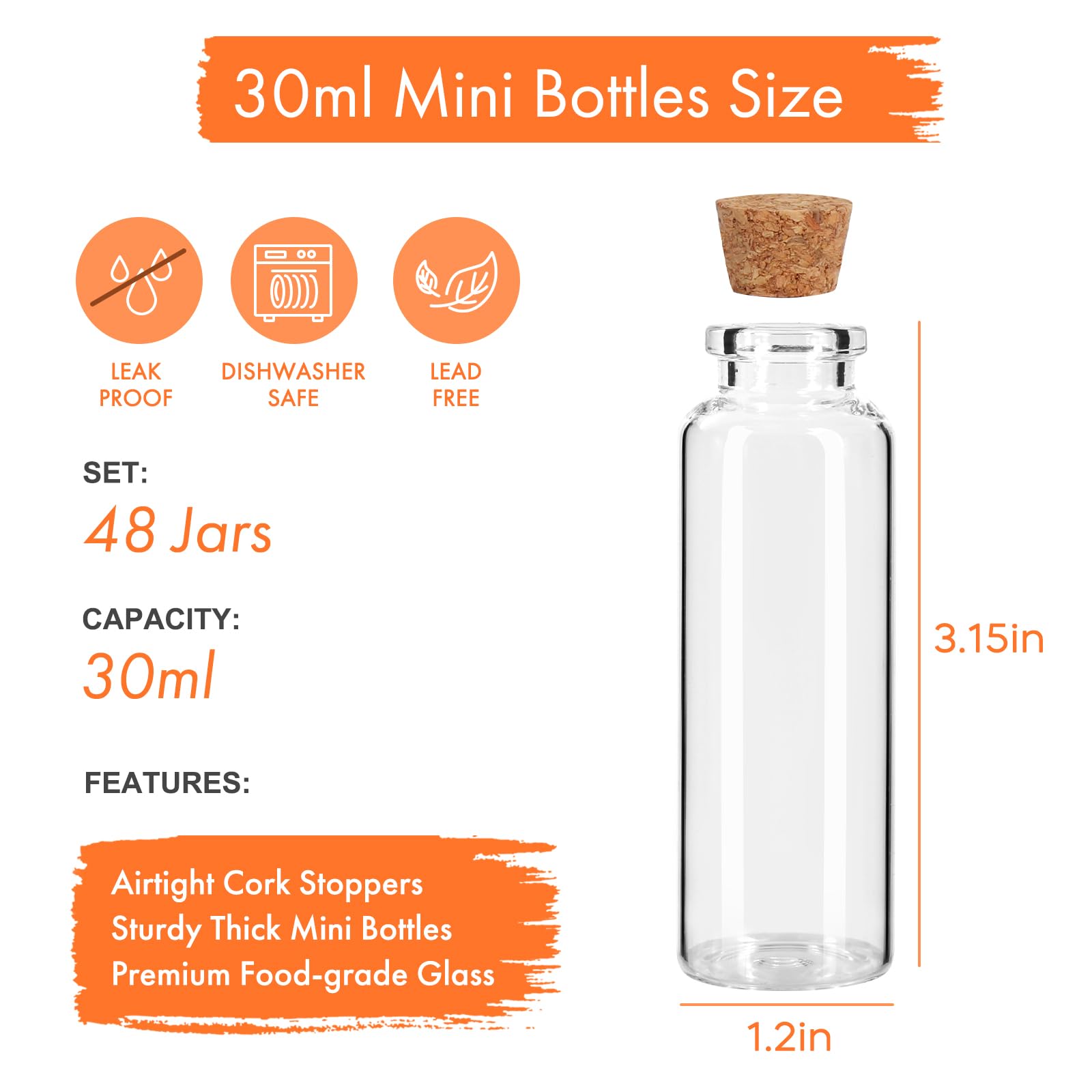 Lot De 48 Mini Fioles En Verre Avec Bouchons En Liège - Parfait Pour La Décoration, Le DIY Et Les Petits Contenants