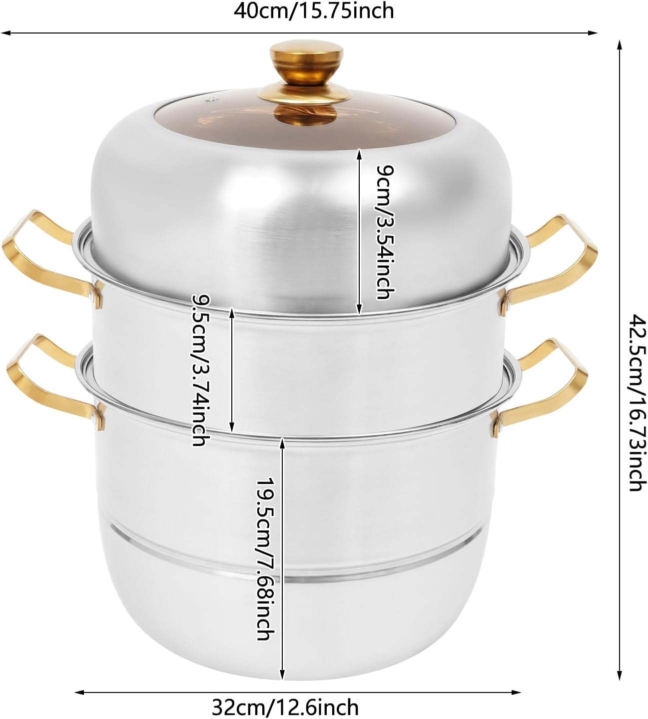 3-Tier Steamer Pot for Cooking, D12.6in Metal Steaming Cookware with Handles Glass Lid & Strainer Baskets, Food Steamer for Dumpling Fish Vegetable Seafood, W15.8*H13.8in