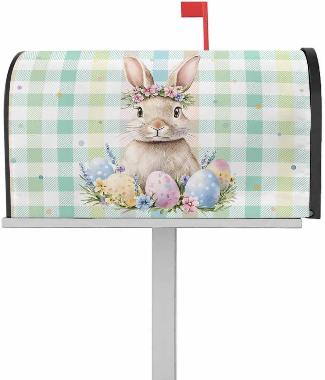 Easter Egg Rabbit Mailbox Covers Magnetic Standard Size, Colorful Grid Checkered Polka Dots Decorative Post Letter Numbers Box Wrap Decoration Covers Large Accessories for Garden Yard Outdoor Décor
