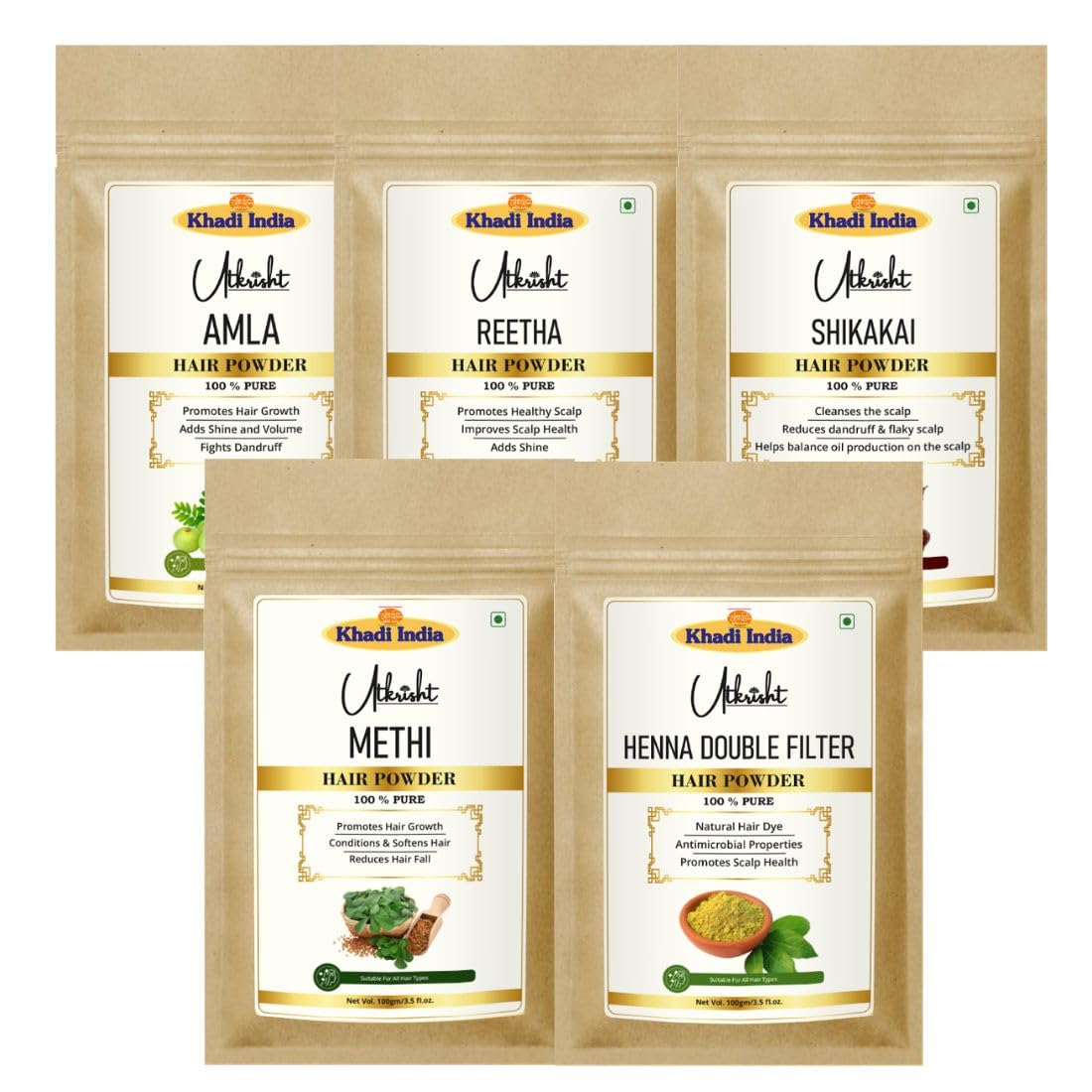 Khadi Amla, Reetha, Shikakai, Methi & Henna Hair Powder | 100% Natural Ayurvedic Herbal Hair Care Powder | Hair Growth, Hair Fall Control, Deep Scalp Cleansing & Natural Hair Conditioning | Strengthens Roots, Adds Shine & Supports Healthy Hair | Suitable for Men & Women- Pack of 5-image-17
