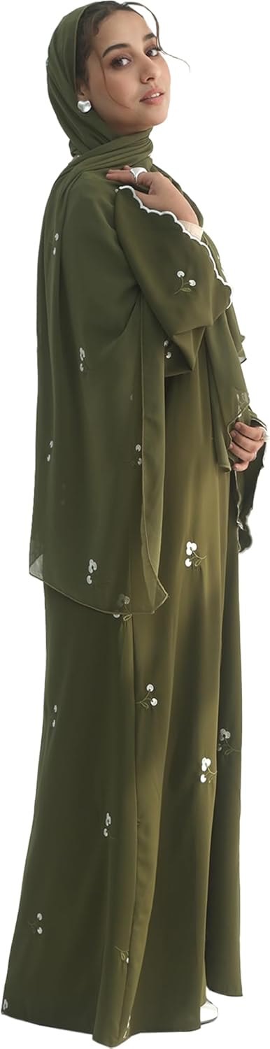Floral Embroidered Abaya for Women Modest Muslim Open Front Robe with Scalloped Bell Sleeves Islamic Cardigan with Hijab