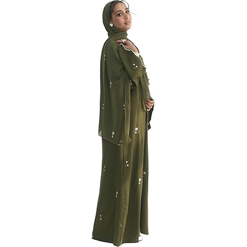 Floral Embroidered Abaya for Women Modest Muslim Open Front Robe with Scalloped Bell Sleeves Islamic Cardigan with Hijab