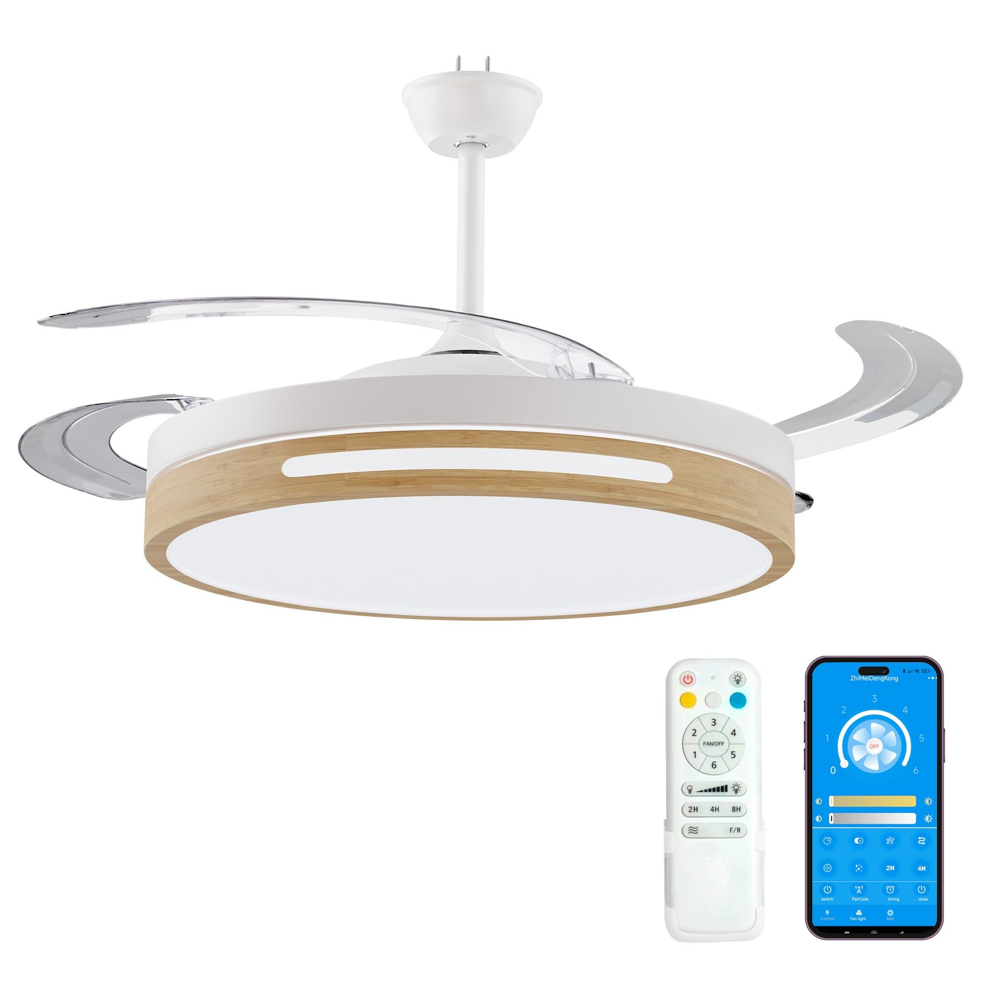 Ventilador techo con luz 66W Ventilador Invisible Ultra Silencioso con Mando a Distancia y Palas Retráctiles Interiores Plafón lluminación función verano-invierno (Madera)