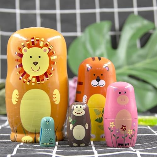 Russische Nistpuppen, 5Pcs Tiere Matroschkas Nistpuppen Holz Matroschka Puppen Figuren Holz Tiere– niedliches Tier-Muster Löwe Tiger Schwein AFFE Birdie Matroschka, Spielzeug für Kinder Geschenk