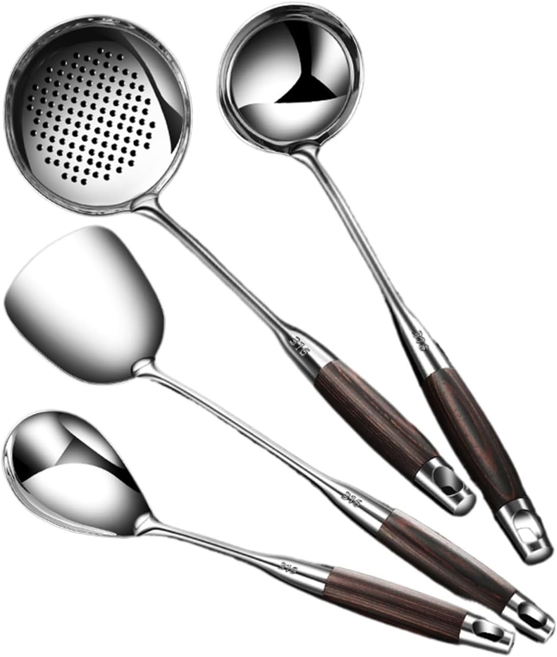 Kitchen Utensil Set of 4, 316 Stainless Steel Anti-scalding Wooden Handle Kitchen Tools Set, Suitable for Kitchen Cooking Restaurant