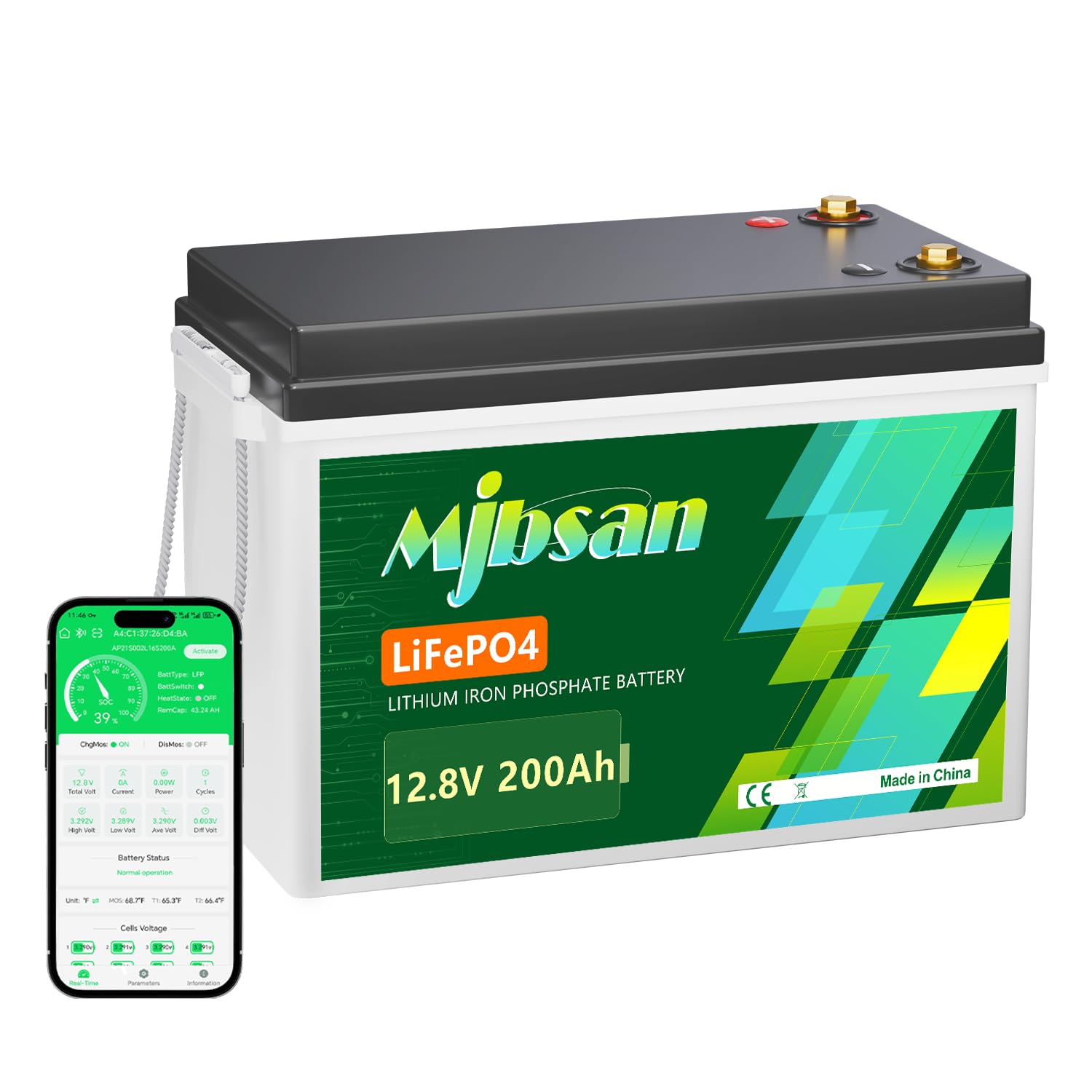 Mjbsan 12V LiFePO4 200Ah akumulator samochodowy z wbudowanym Bluetooth, 200A BMS, 2560Wh akumulator cyklu głębokiego, litowy, ponad 8000 cykli, idealny do kampera, przyczepy solarnej, łodzi i kempingu