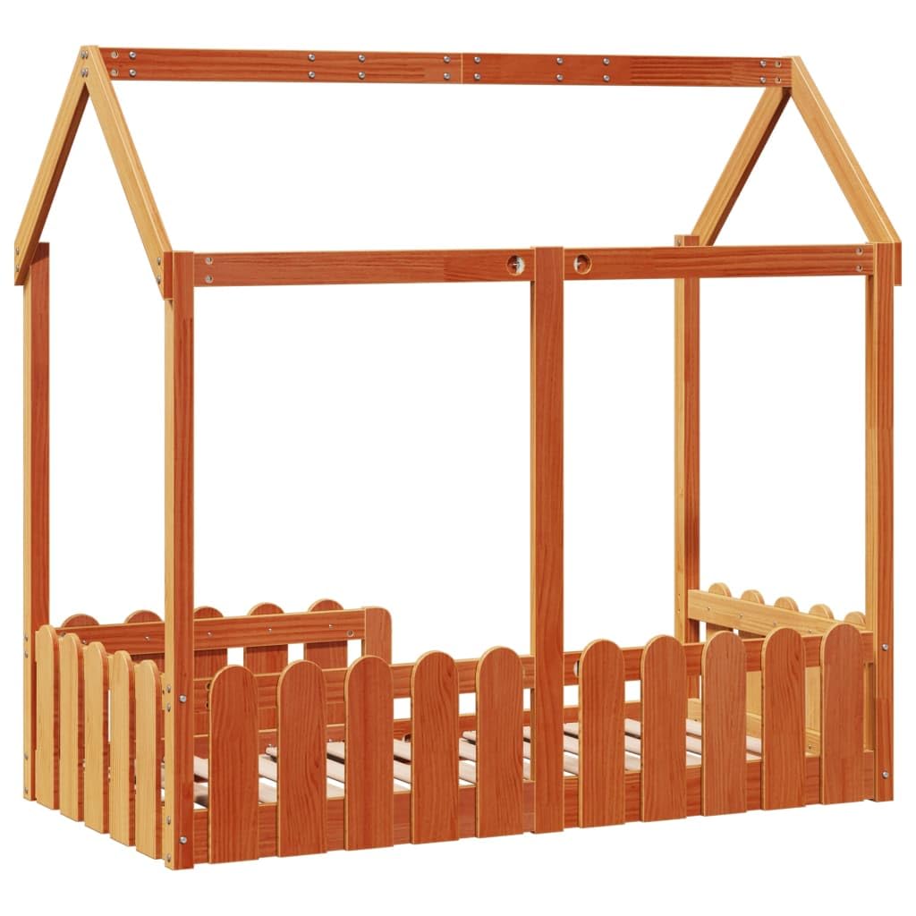 Hothingwell Bettgestell für Kinder, Hausform, Holz, 70 x 140 cm | Massives Kiefernholz, robuste Seitenbarrieren, bodentiefes Design, offenes Dach für Heimwerker, Lattenrost inklusive