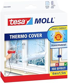 tesa Calfeutrer Film de Survitrage - Film Isolant Transparent pour Fenêtres - Ruban Adhésif Double Face d'Installation inclus - 4 m x 1,5 m