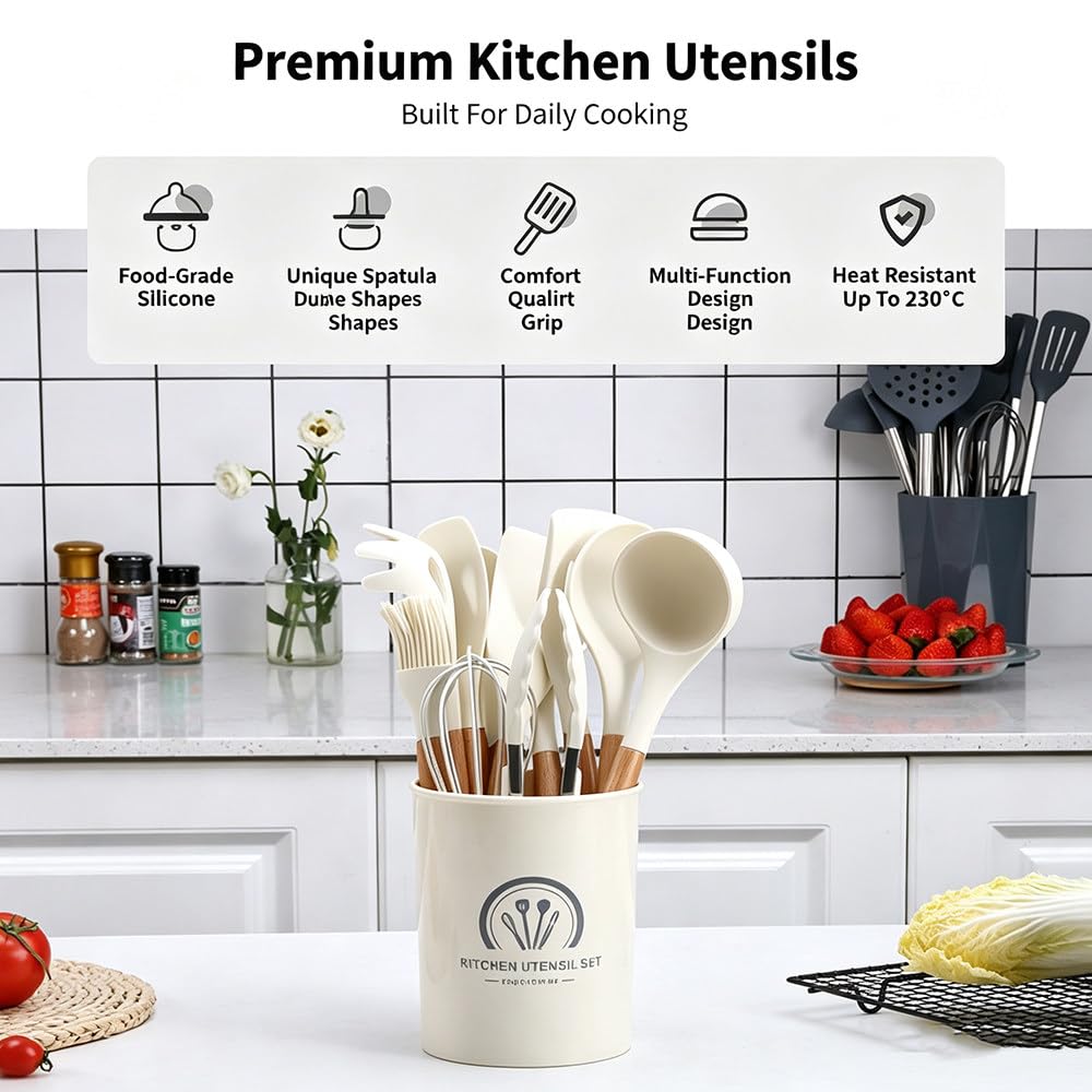 Set di 34 Utensili da Cucina in Silicone Alimentare, Kit Completo per Cucinare E Preparare Dolci con Contenitore, Accessori in Acciaio Inox E Set di Misurini E Cucchiai Dosatori Khaki